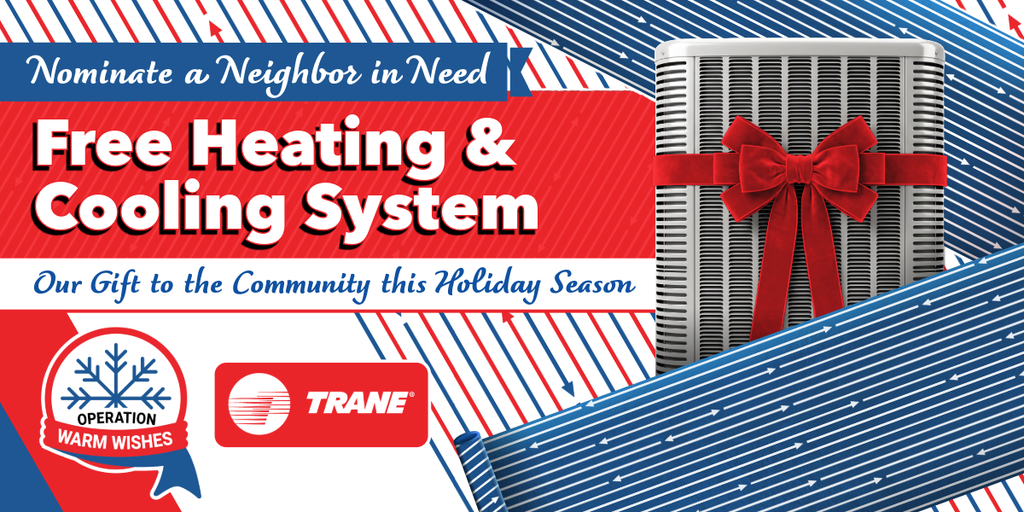 mtb-oww-email-B - MTB Mechanical Holiday banner offering a free heating and cooling system, showing a gift-wrapped heater and sponsor logos (Operation Warm Wishes, Trane). Informs about a charitable promotion the season.